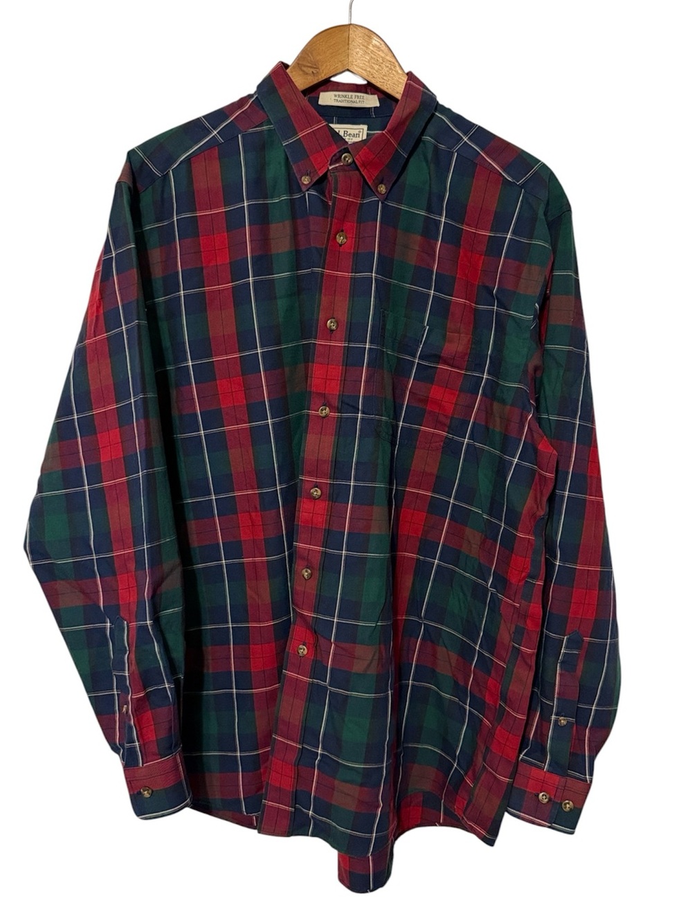 L.L. Bean Plaid Long Sleeve Button Down Shirt Merino Wool Blend Red Green L